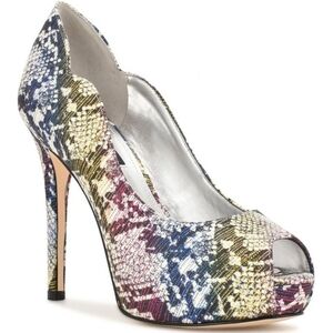 NWOT Nine West Hilare Platform Peep Toe Heels - Faux Suede Multicolor Metallic